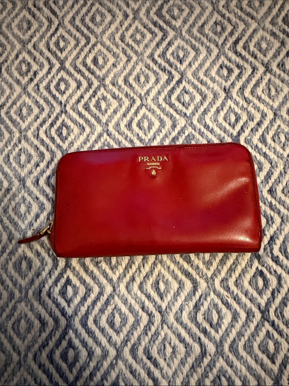 Prada Red Leather Zip-Around Wallet with Gold Logo